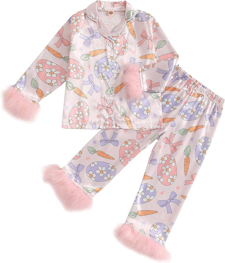 Kids Toddler Girl Easter Pajamas Bunny&Bow Button Down Fuzzy Shirts Pants Little Girls Easter Sat... | Amazon (US)