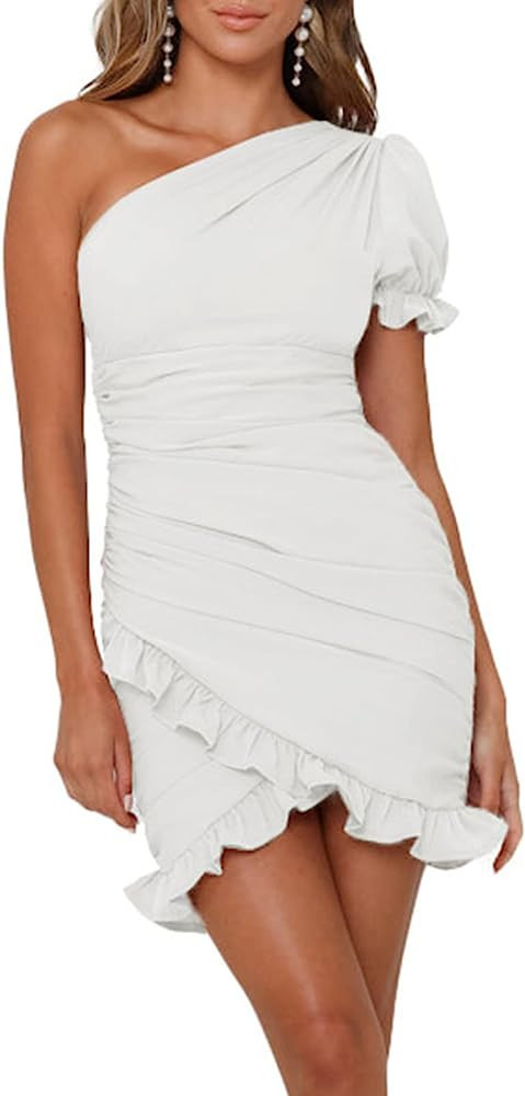 Acelitt Womens Sexy One Shoulder Ruffle Dress 2023 Summer Sleeveless Bodycon Mini Short Dresses | Amazon (US)