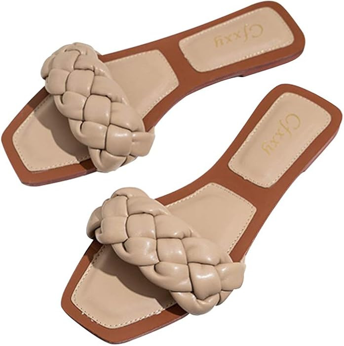 Braided Sandals for Women Open Square Toe Flat Casual Slip On Shoes Comfortable Non Slip Walking ... | Amazon (US)