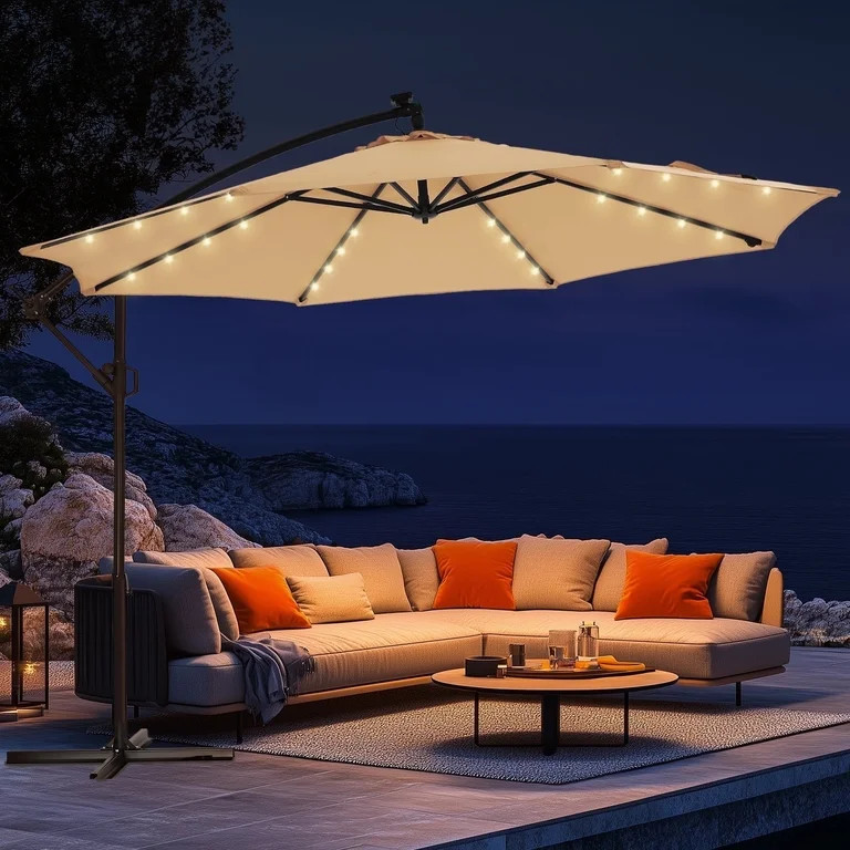 Patbrela 10ft Offset Hanging Patio Umbrella with 32 LED Lights and Easy Tilt Adjustment, Market O... | Walmart (US)