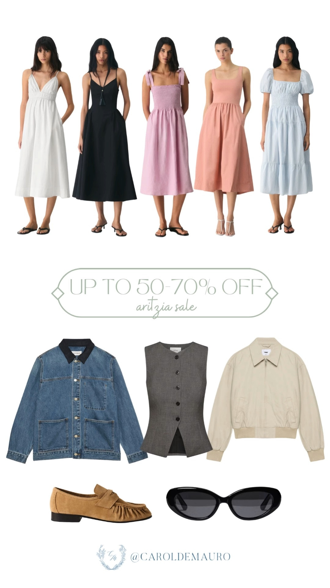 aritzia sale, 50% off, 70% off, summer dresses, summer outfit, midi dresses, neutral loafers, cat eye sunglasses, denim jacket, vest top, bomber jacket, capsule wardrobe, closet staples

#LTKootd #LTKU