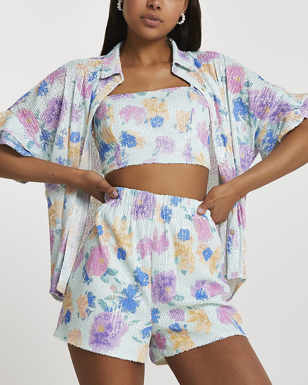 Blue short sleeve embellished floral shorts | River Island (UK & IE)