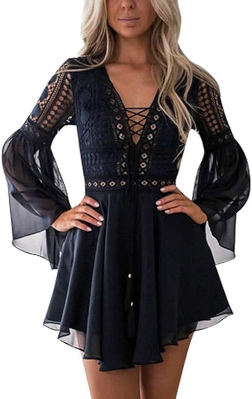 Lace Dresses Women Crochet High Waisted Solid Color Elegent Ruffle Short Dress | Amazon (US)