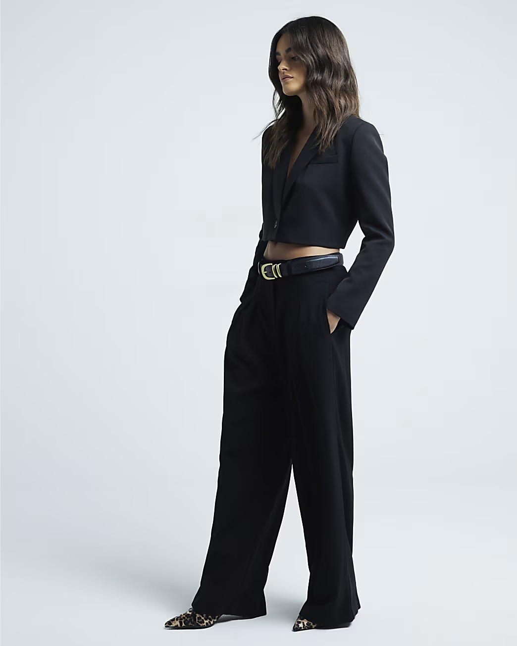 Black Pleated Wide Leg Trousers | River Island (UK & IE)
