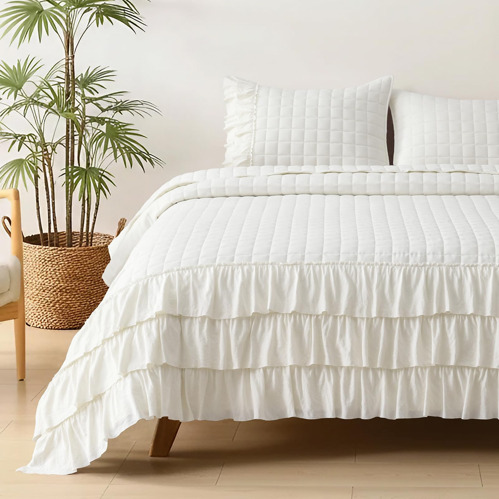 HORIMOTE HOME Ivory Ruffled Quilt Set Queen Size, Classic Geometric Square Stitched Pattern, Pre-... | Amazon (US)