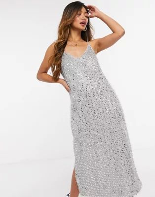 Vero Moda sequin midi cami dress with side slit in silver | ASOS (Global)
