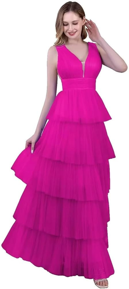 Women's Tiered Tulle Prom Dresses V-Neck Formal Evening Gowns A-Line Long Backless Party Dress | Amazon (US)