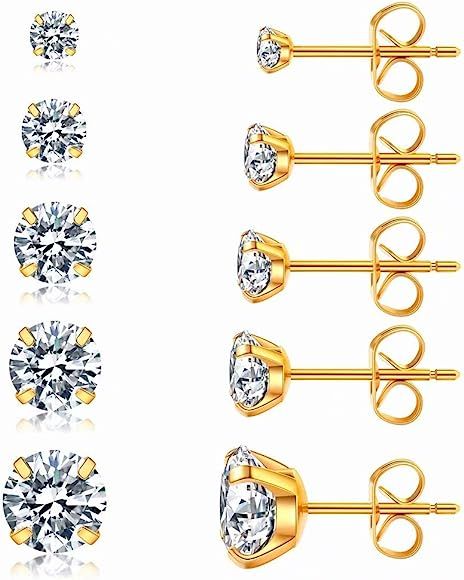5 Pairs Stud Earrings Set, Hypoallergenic Cubic Zirconia 316L Earrings Stainless Steel CZ Earring... | Amazon (US)