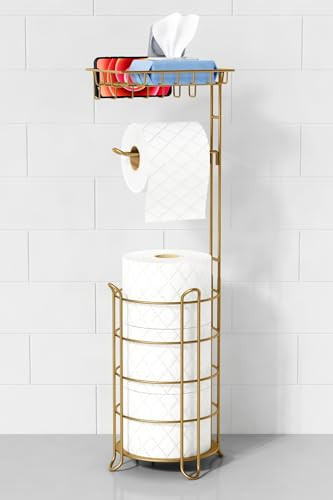 Goozii Gold Free Standing Toilet Paper Holder Stand with Phone Shelf, Floor Bathroom Tissue Holder for Large Mega Rolls, Metal Freestanding Toilet Paper Roll Holder with Wipes Storage Tray | Amazon (US)