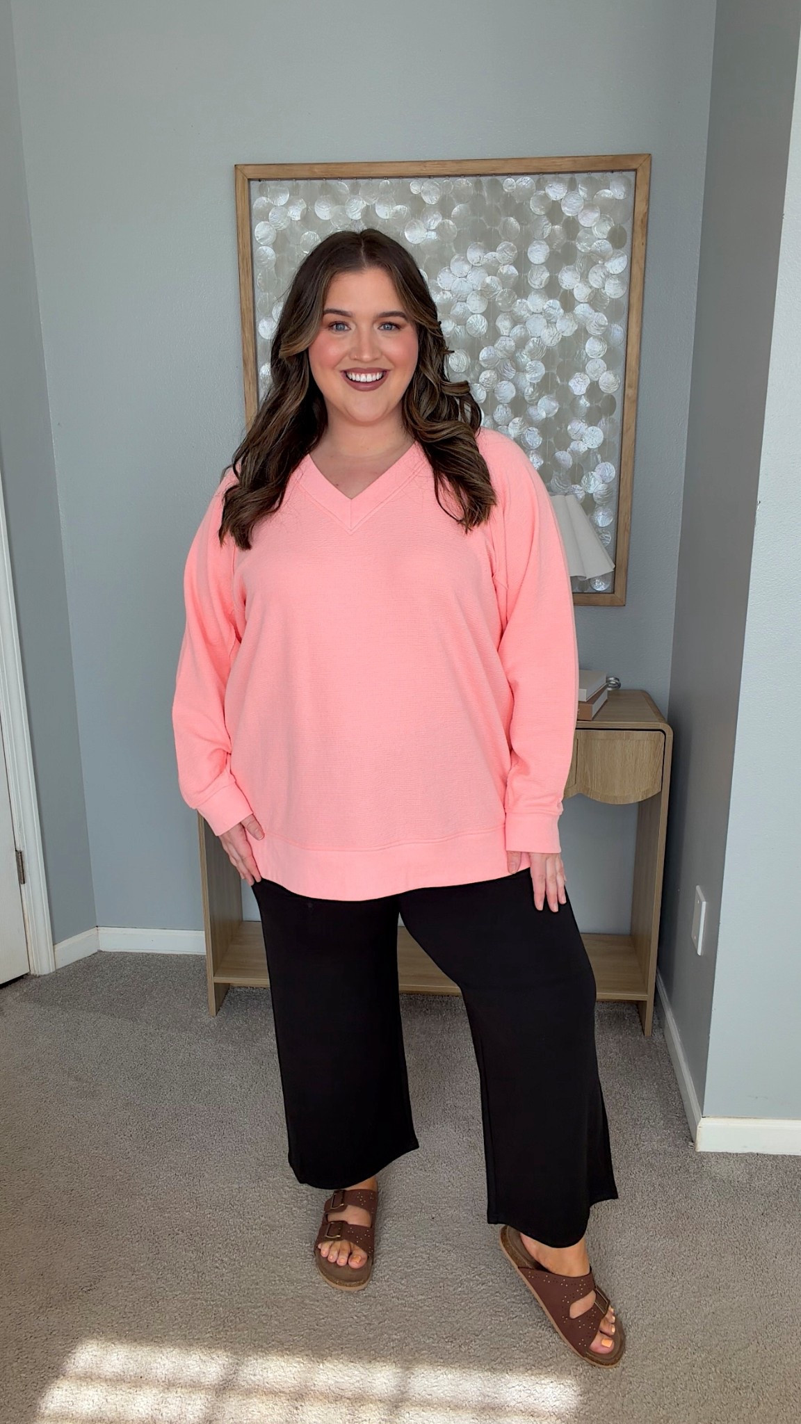 Easy throw on and go outfit for everyday casual, running errands or lounge ☀️ The bright coral color is GORGEOUS and even brighter in person. Perfectly oversized sweater paired with wide leg scuba knit pants and sandals. Wearing a size 2X. 

#LTKootd #LTKSeasonal #LTKPlusSize