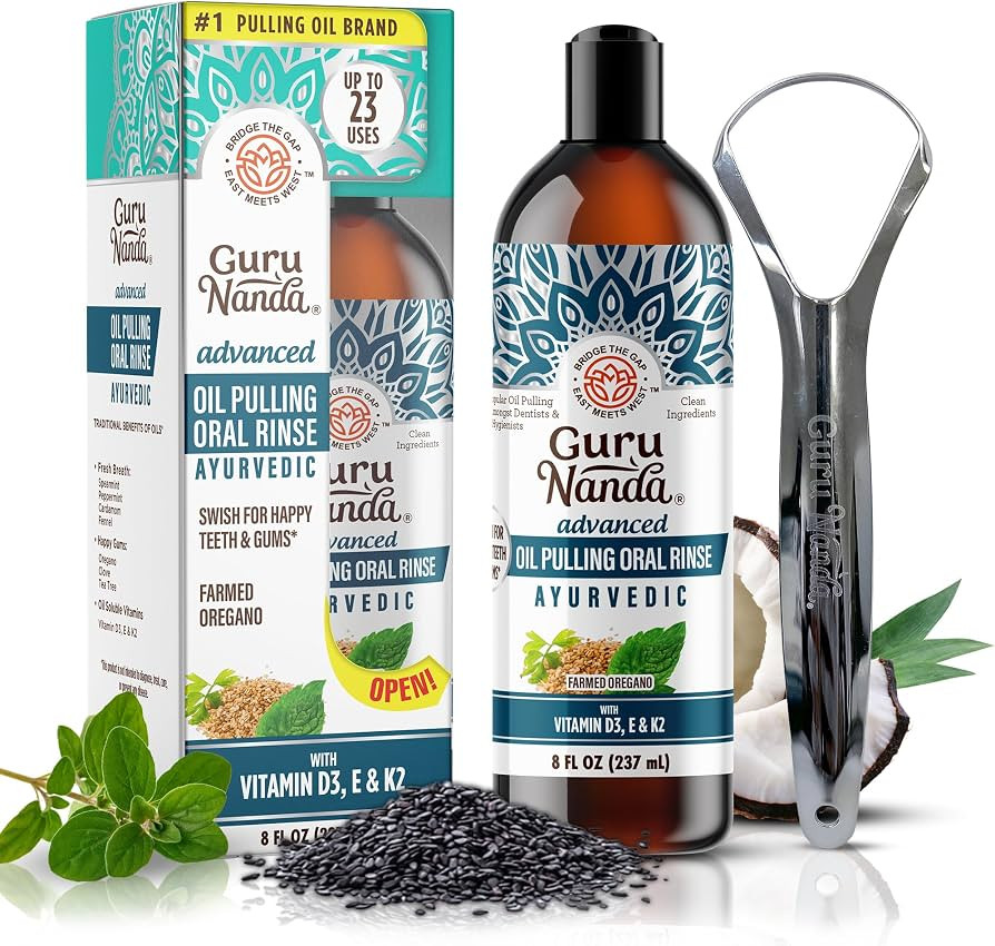 GuruNanda Advanced Oil Pulling with Tongue Scraper - Natural Alcohol-Free Mouthwash with Coconut ... | Amazon (US)