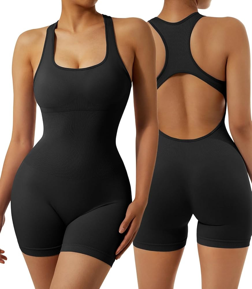 OMKAGI Women Seamless One Piece Jumpsuits Racerback Bodycon Tummy Control Yoga Rompers | Amazon (US)