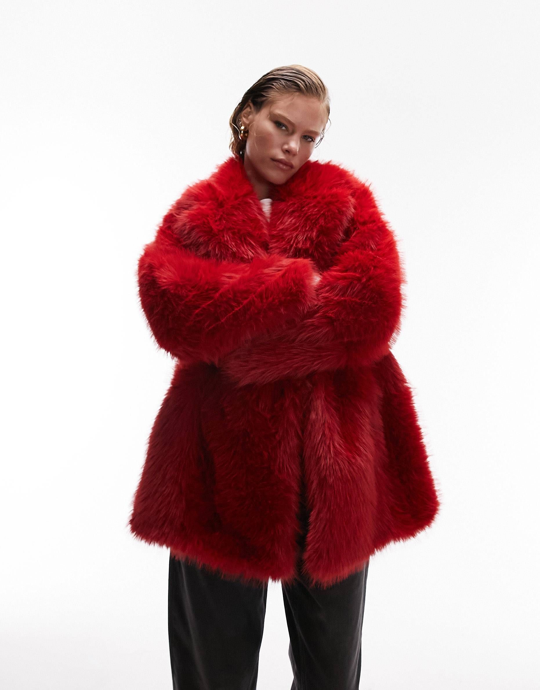 Topshop faux fur paneled coat in red | ASOS (Global)
