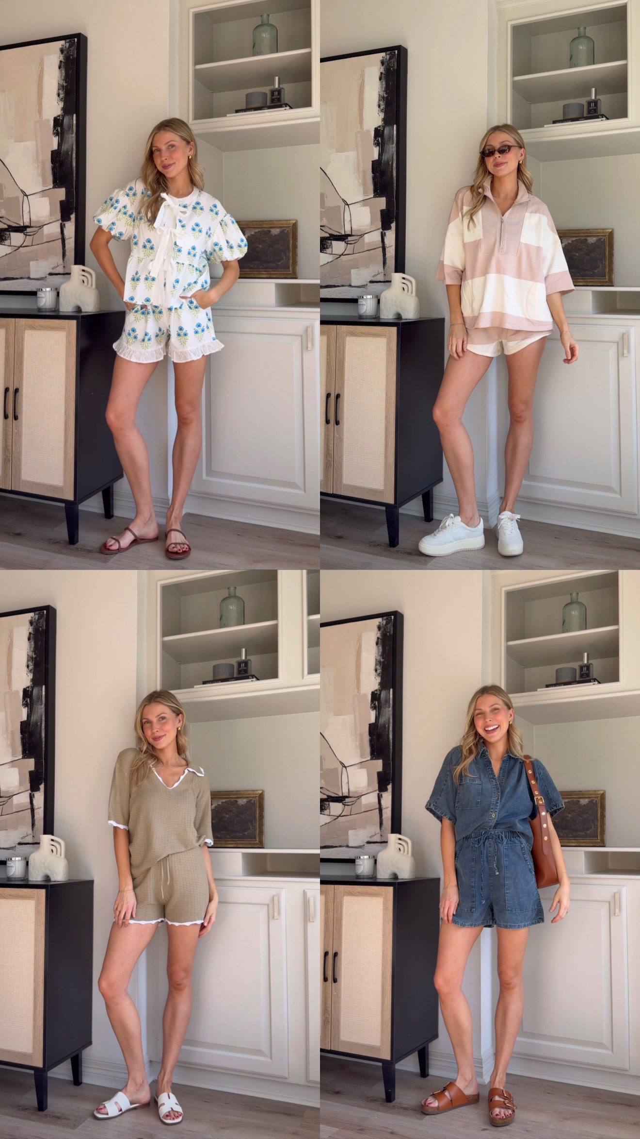 Comfy sets for spring/summer! All have stretchy shorts and are nusing/postpartum friendly. Size S in blue floral, M in pink but should have done S. M in khaki and S in the denim set. 
 

 
