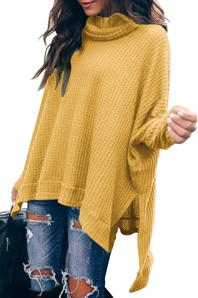 ANRABESS Women Turtleneck Batwing Sleeve High Low Hem Side Slit Waffle Knit Casual Loose Oversized S | Amazon (US)