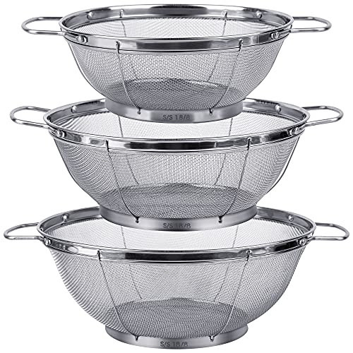 3 Pack 18/8 Stainless Steel Colander Sieves(5-Quart, 4-Quart and 3-Quart), Mesh Strainer Net Baskets with Handles & Resting Base for Strain, Drain, Rinse or Steam | Amazon (US)