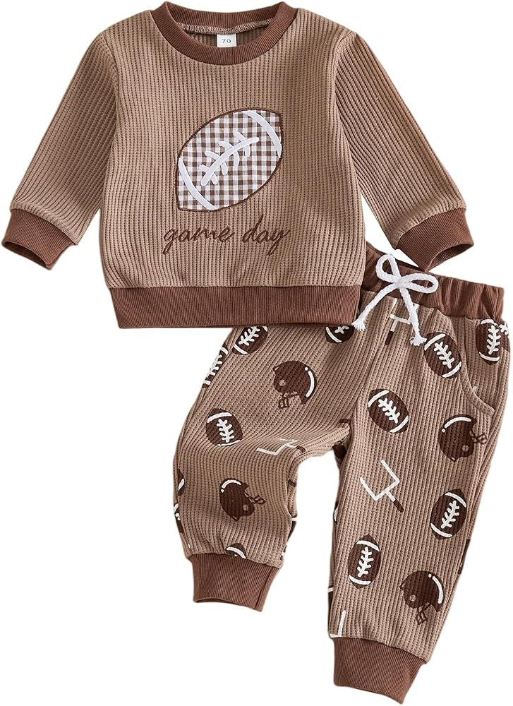 Baby Boy Football Outfit Fall Clothes Waffle Knit Game Day Toddler 2Pcs Set | Amazon (US)