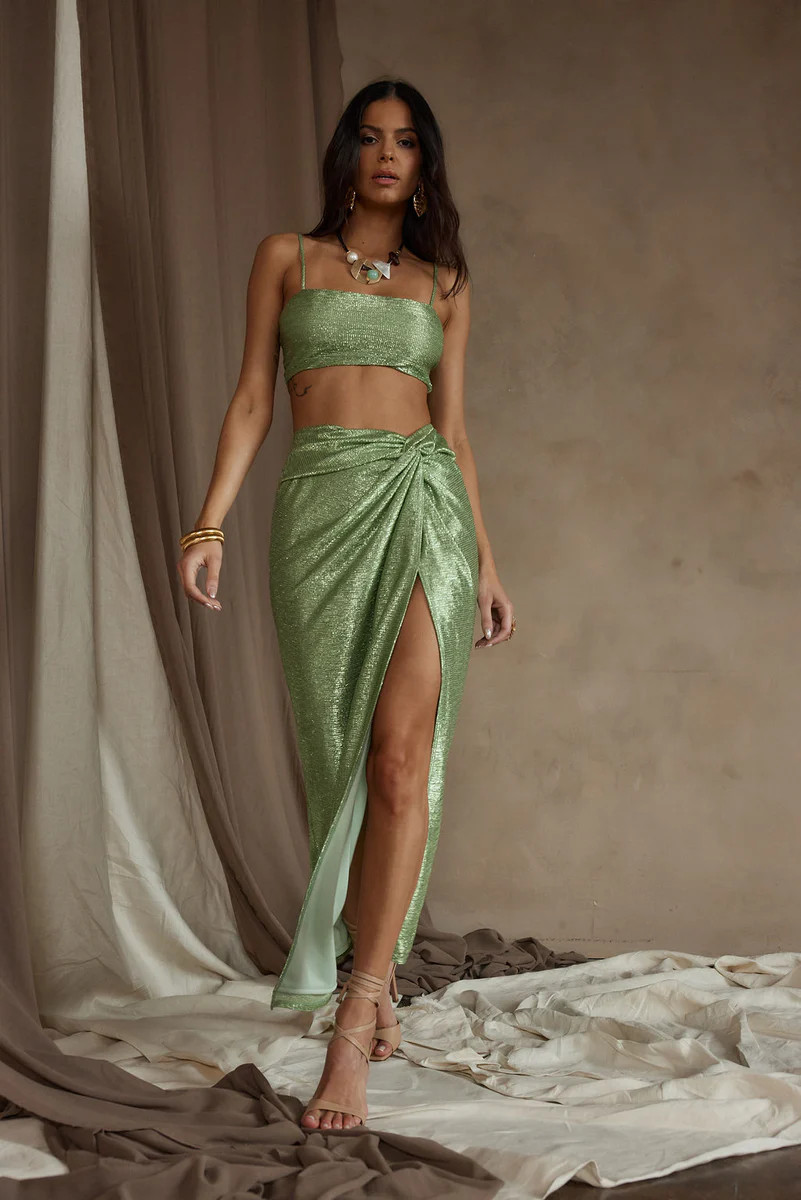 Toulouse Metallic Sage Maxi Skirt | 12th Tribe