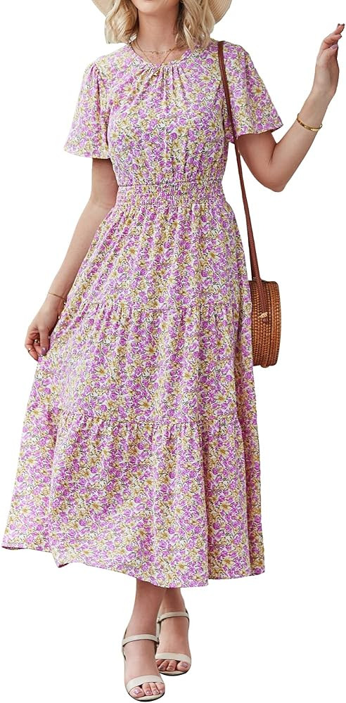 PRETTYGARDEN Women's Summer Casual Short Flutter Sleeve Round Neck Smocked Waist Tiered Boho Flor... | Amazon (US)
