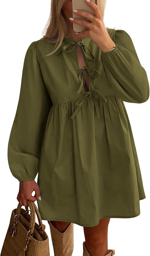 BTFBM Women's Casual Short Dress 2025 Bow Tie Front Puff Long Sleeve Button A Line Cute Y2K Going... | Amazon (US)