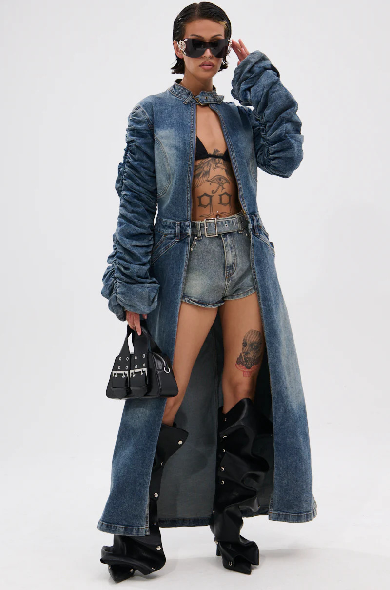 AKIRA Jules Denim Trench Coat | Size Large | AKIRA