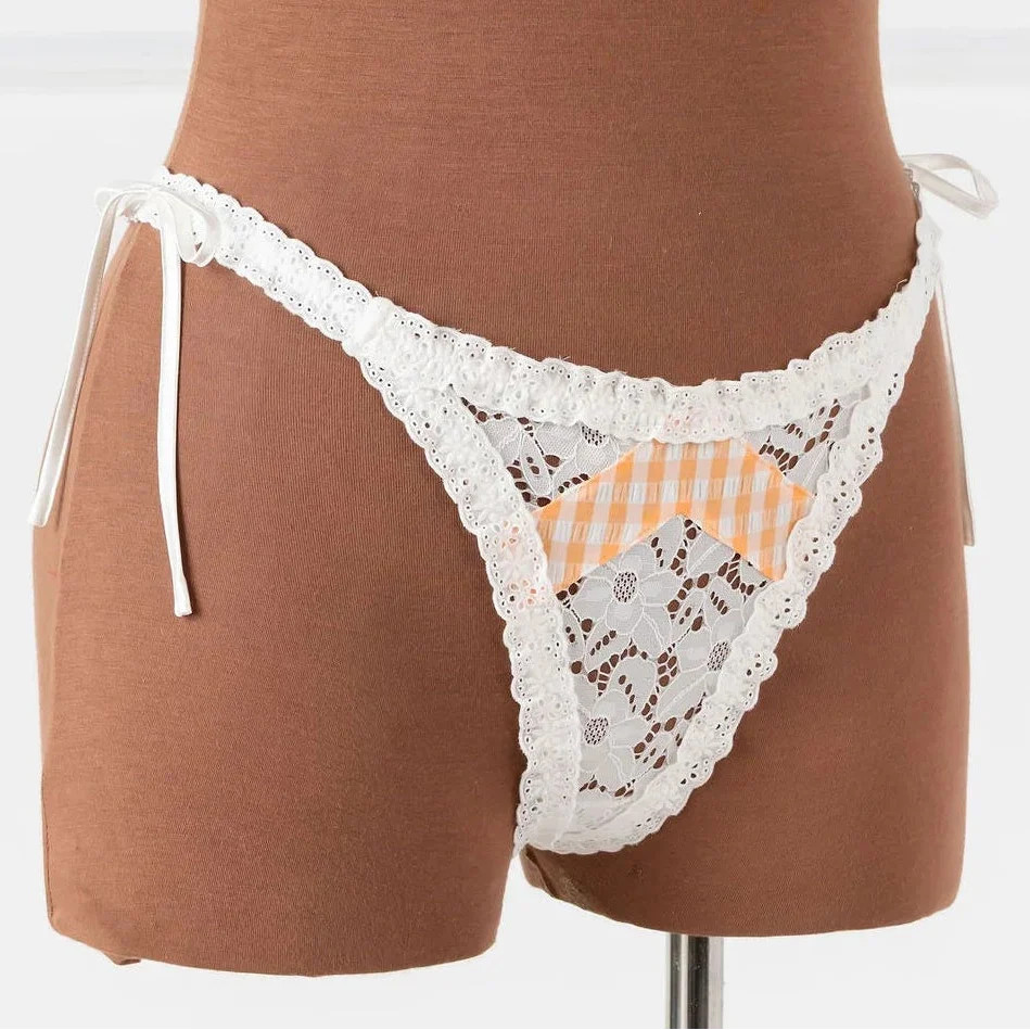 Gingham & Eyelet Ruffle Thong - Peach | Mentionables