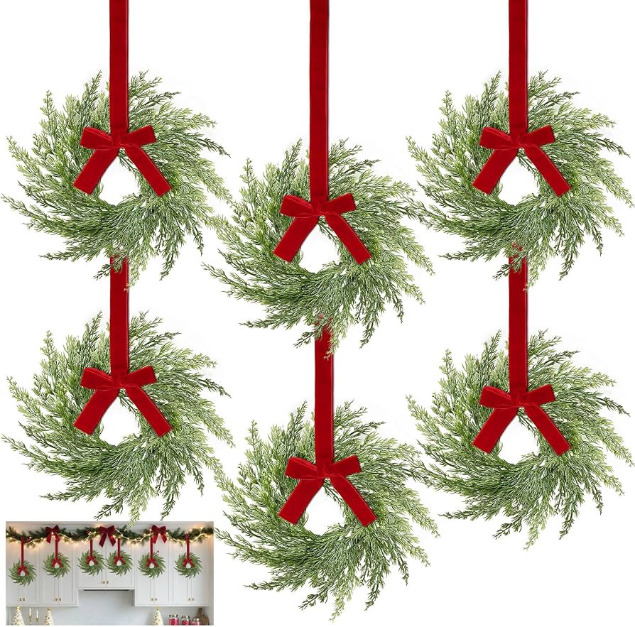 6 Pack Small Christmas Wreaths for Cabinets Kitchen,12 Inch Mini Wreaths with Soft Cypress Pine T... | Amazon (US)