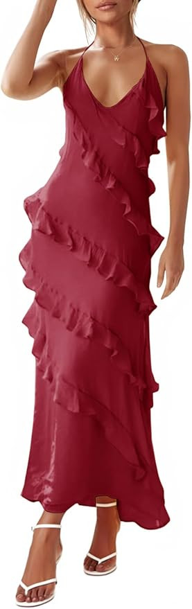 Wenrine Womens Sexy Chiffon Halter Maxi Dress Sleeveless Backless Ruffle Tassel Party Club Dresse... | Amazon (US)