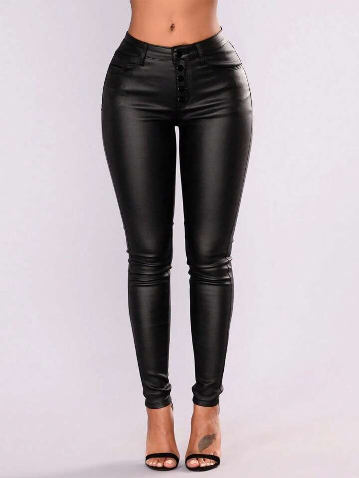 Apperloth A Button Front PU Leather Skinny Pants | SHEIN