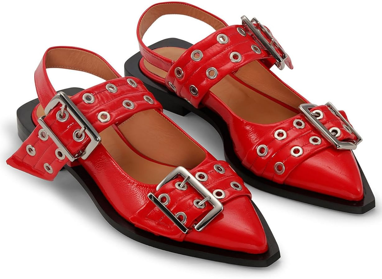 Wide Welt Buckle Ballet Flats for Women Slingback Flats Casual Ballerina Shoes Flat Squared Block... | Amazon (US)