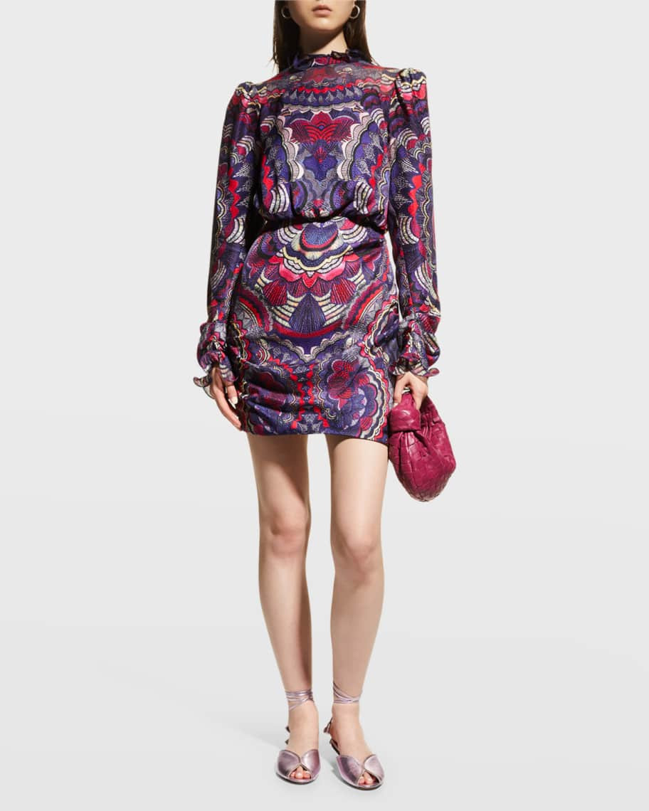 Saloni Rina B Long-Sleeve High-Neck Cocktail Dress | Neiman Marcus