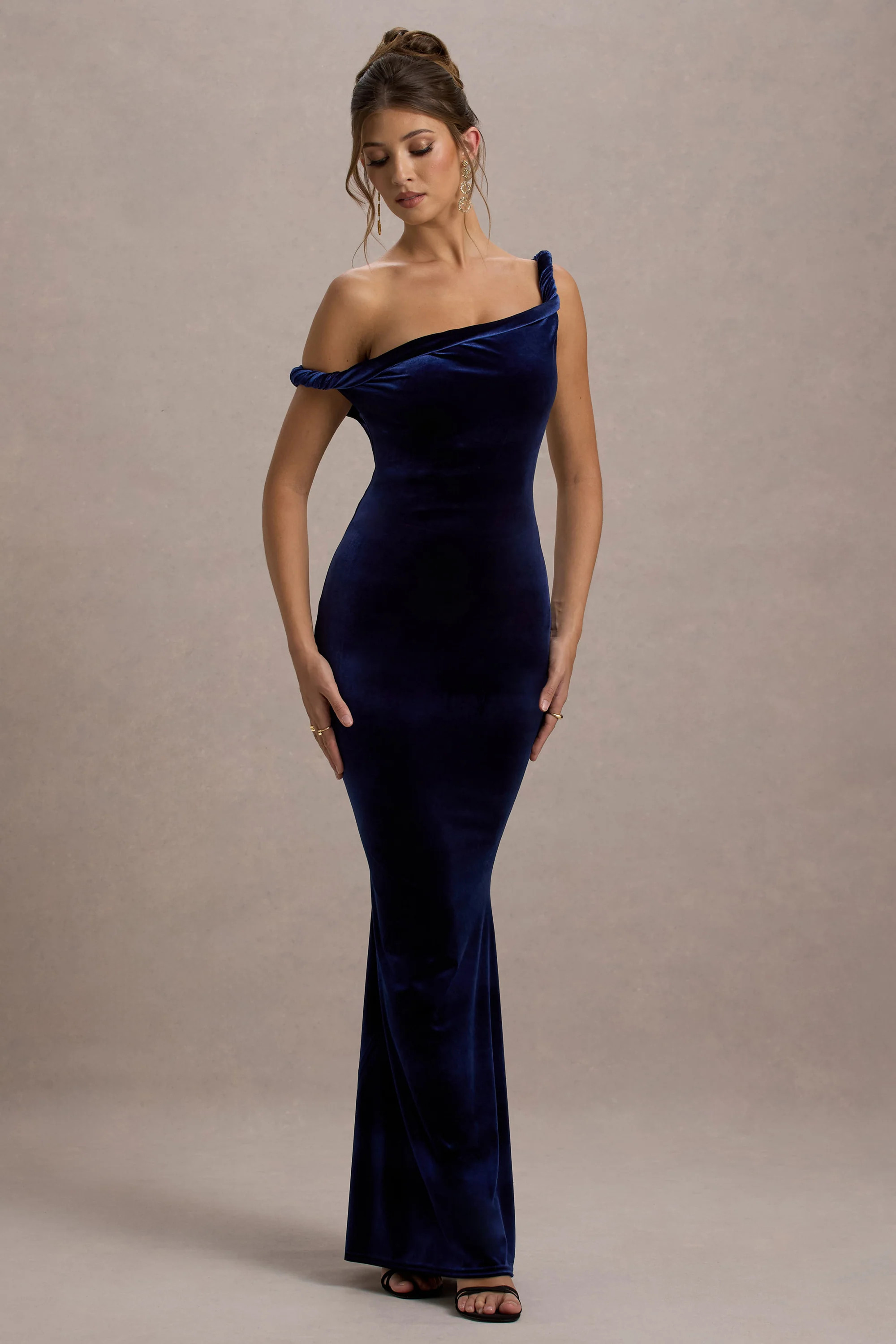 Neeka  Navy Velvet Twisted Asymmetric Maxi Dress | Club L London