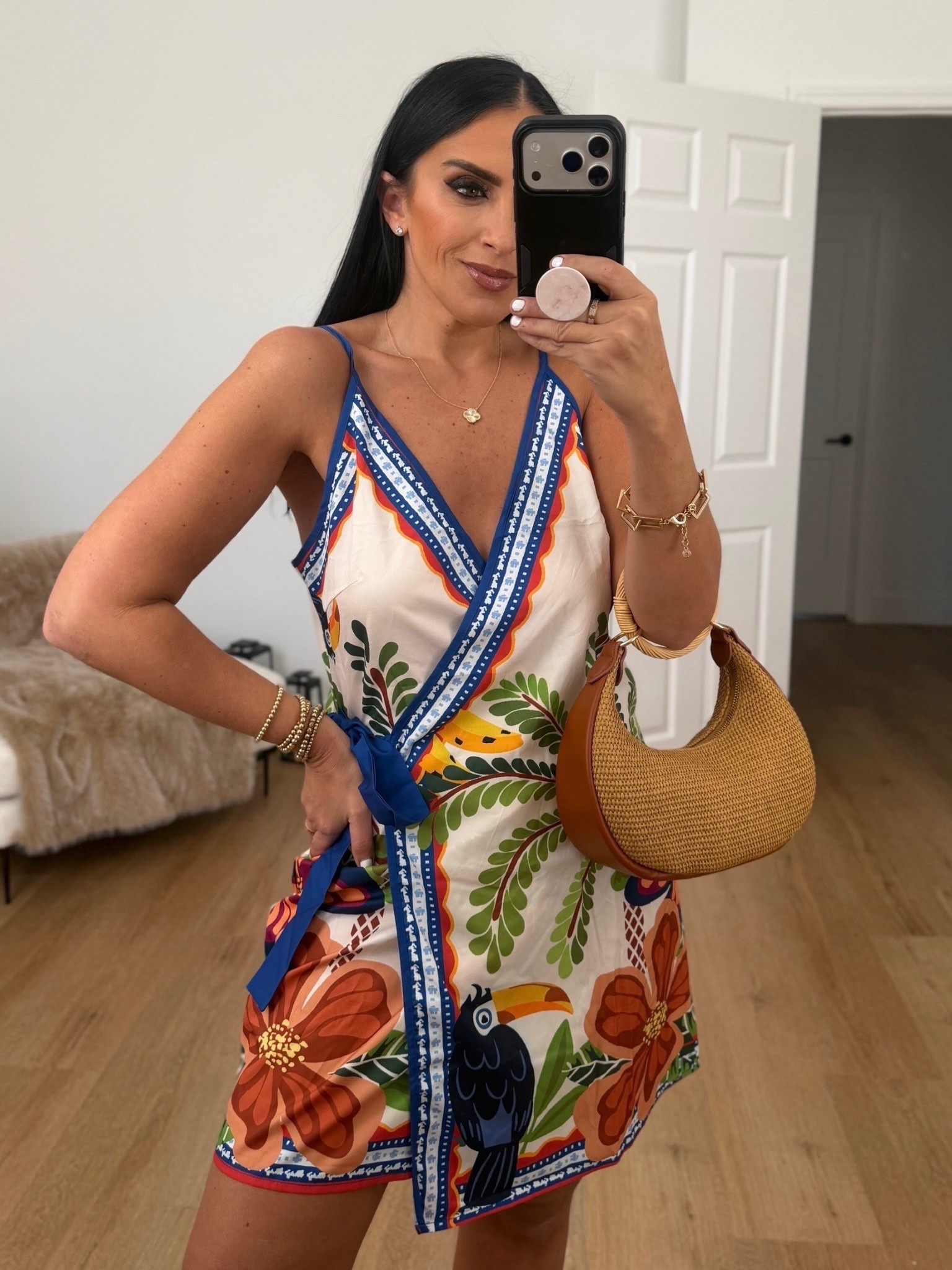 Farm Rio inspired from amazon Tropical Print Mini wrap dress wearing size medium. 
