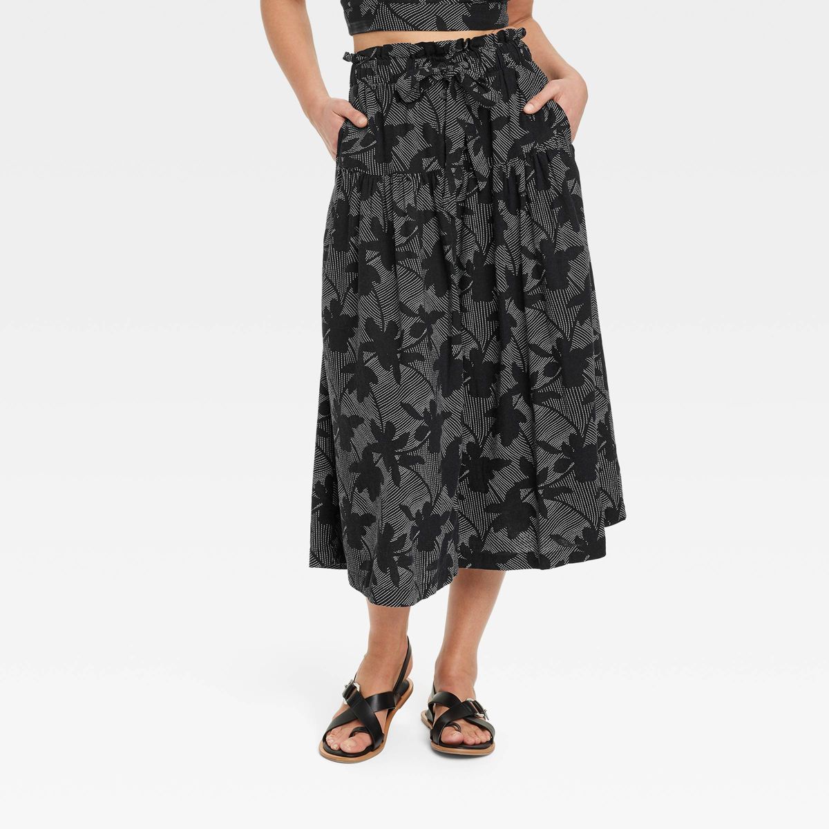 Women's Tie Waist Midi Skirt - Universal Thread™ Black Floral XS | Target