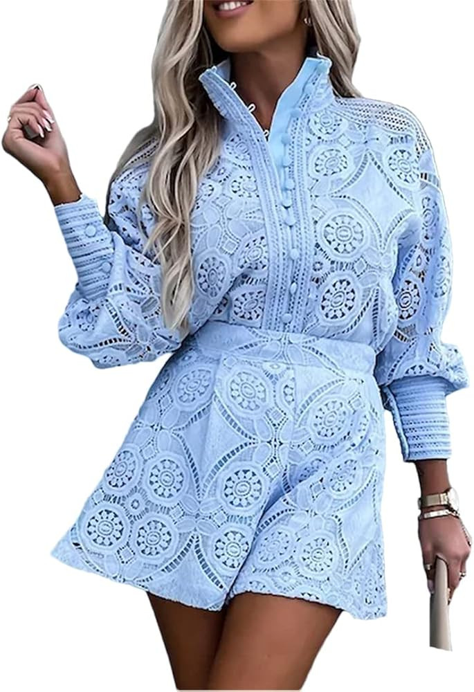 Women Lace Two Pieces Sets Hollow Soild Embroidery Tops + Mini Shorts Pants | Amazon (US)