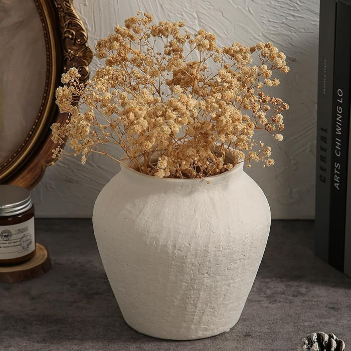 Farmhouse Ceramic Vase - White Rustic Vintage Flower Vase for Home, Living Room, Shelf and Dining... | Amazon (US)