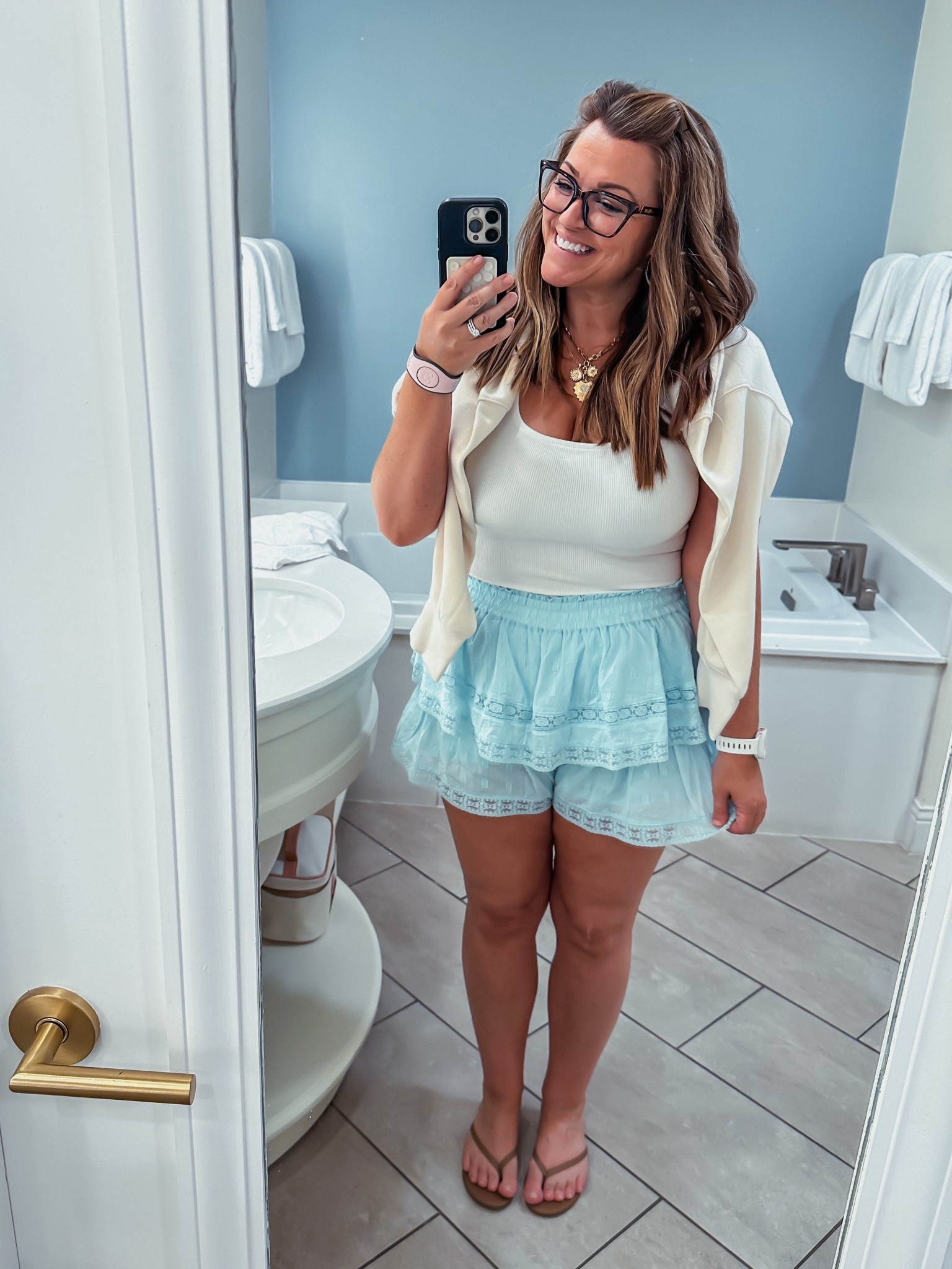 Vacation Outfit! I wore this for check-in day at Disney! 🤍🩵
These are actually ruffle shorts!! So cute &amp; comfy! I couldn’t link the exact store but I found another option! 

#LTKStyleTip #LTKOver40 #LTKFindsUnder50