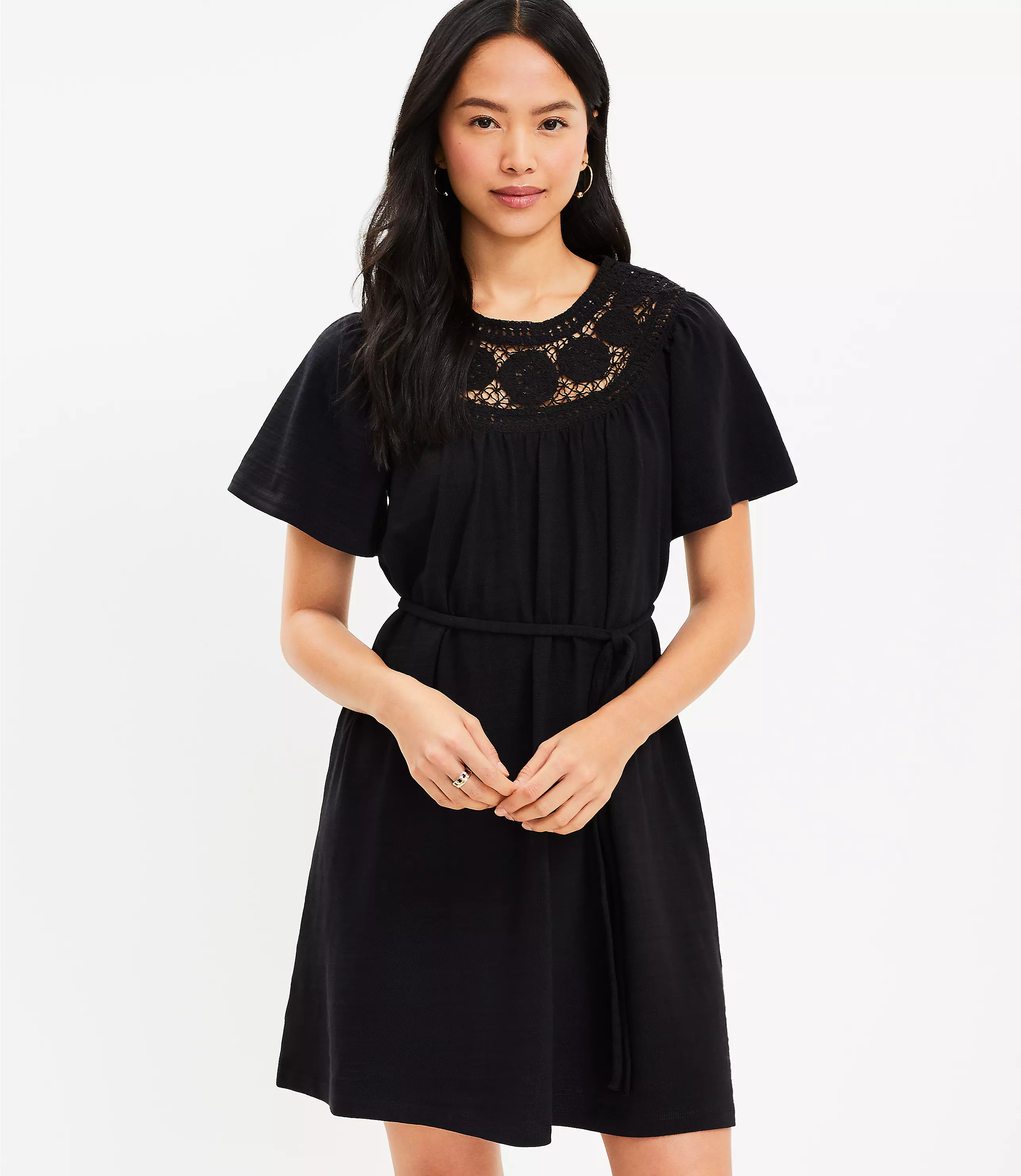 Crochet Neck Flutter Sleeve Swing Dress | LOFT