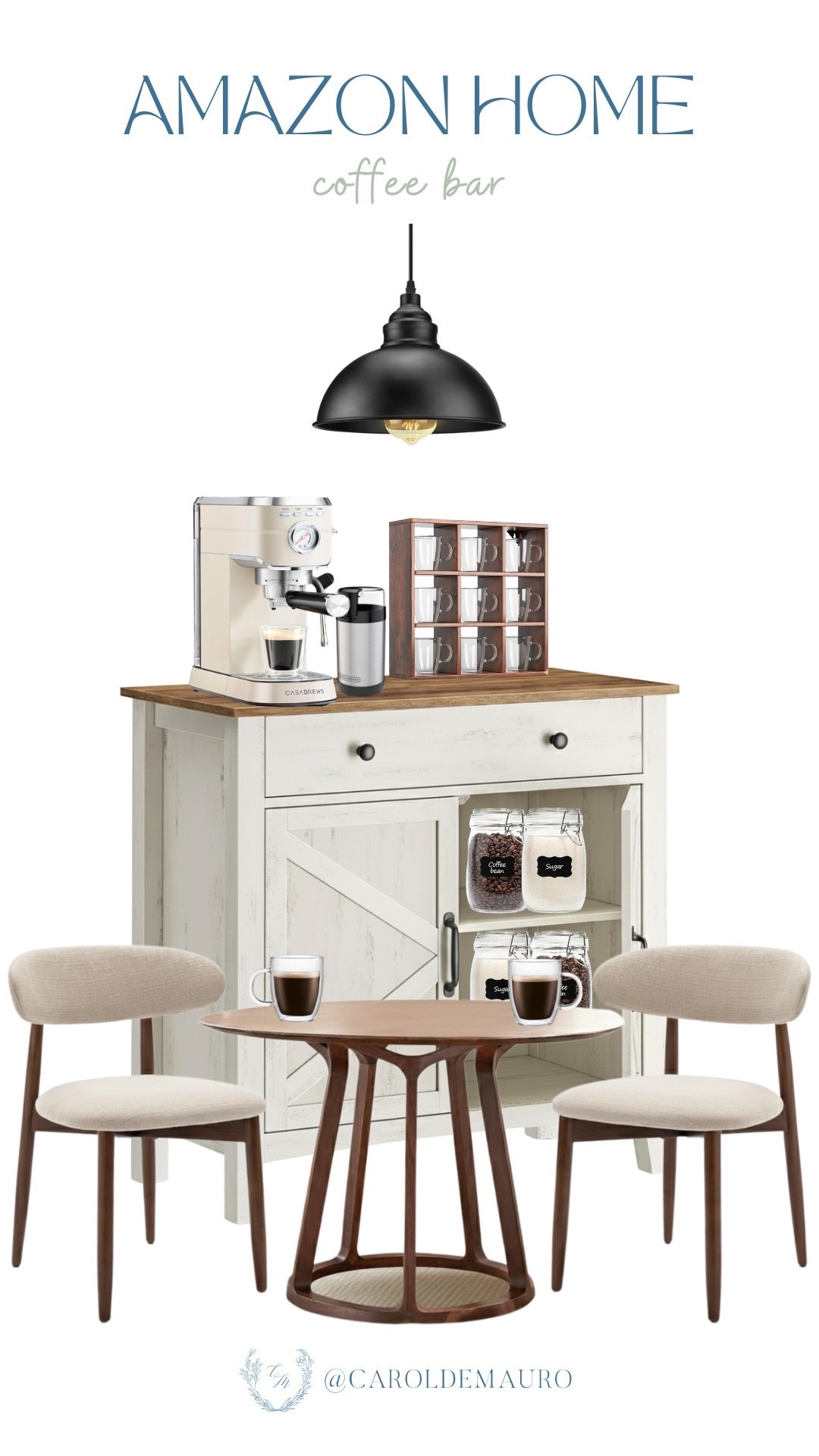 Save this inspo if you've been wanting to make an affordable, simple coffee bar for your home! All you need is this coffee bar cabinet counter, espresso machine, mug organizer, a pendant light, and a cozy seating place.

amazon home, coffee corner, interior styling, kitchen design, bar inspo, caffeine fix, furniture finds, home barista

#LTKU #LTKHome #LTKSeasonal