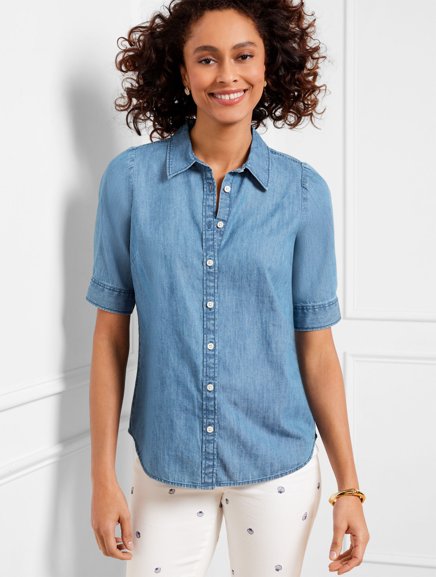 Elbow Sleeve Denim Button Front Shirt - Surf Blue Wash | Talbots
