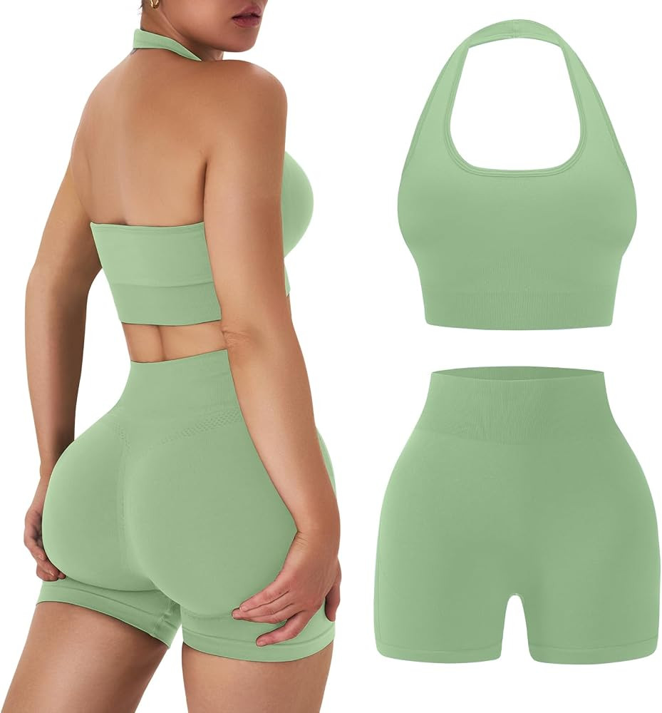 Workout Sets for Women 2 Piece Backless Halter Sports Bra High Waist Booty Shorts Yoga Gym Outfit... | Amazon (US)