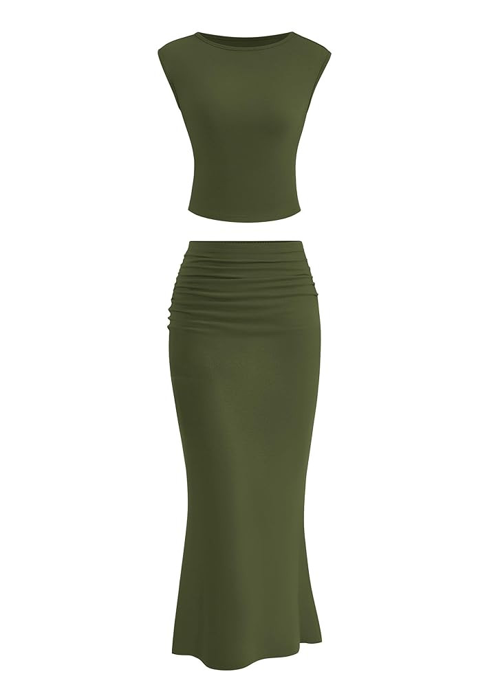 PRETTYGARDEN 2 Piece Sets for Women Summer Outfits 2025 Cap Sleeve Crop Tops Ruched Long Maxi Ski... | Amazon (US)