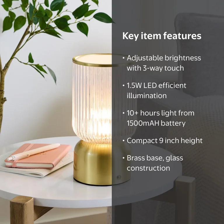 Better Homes & Gardens 9 inch Height Glass Uplight, Touch switch, USB-C Charging Cable included | Walmart (US)