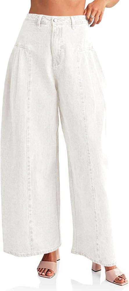 Womens Baggy High Waisted Jeans Loose Boyfriend Wide Leg Side Pleated Denim Pants | Amazon (US)