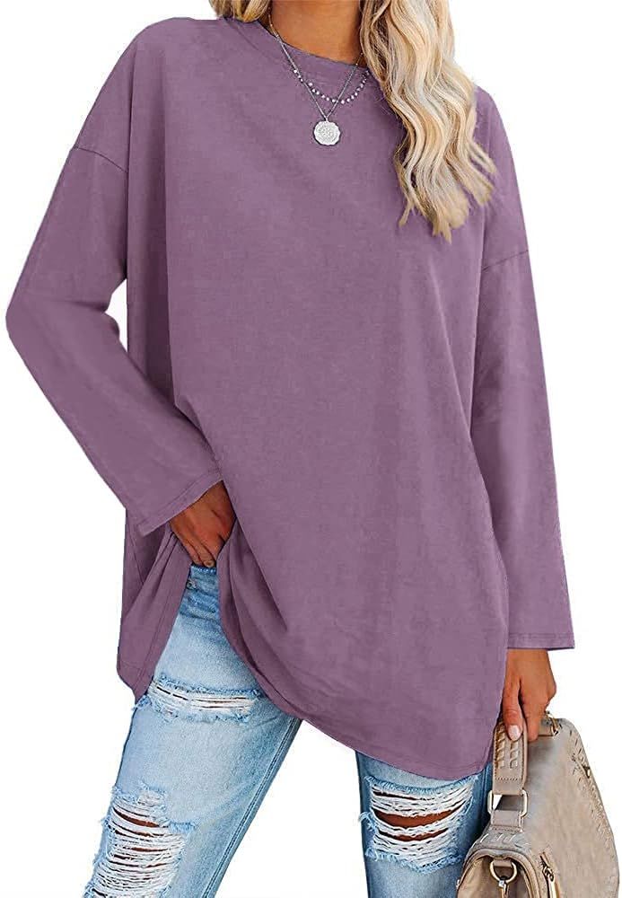 Fisoew Women's Long Sleeve Oversized T Shirts Loose Casual Crewneck Tunic Tops Soft Blouse | Amazon (US)
