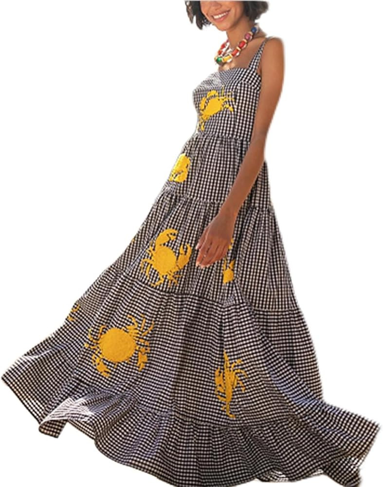 Yuemengxuan Women Cute Embroidered Maxi Dress Beach Dress Summer Boho Ruffle Long Dress Spaghetti... | Amazon (US)