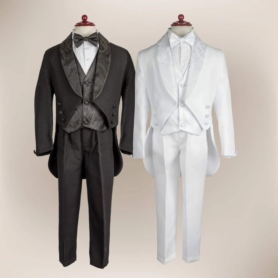 Toddlers Boys 5-Piece Tailcoat Tuxedo Suit Satin Lapel Set With Jacquard Design | Toddler Wedding... | Etsy (US)