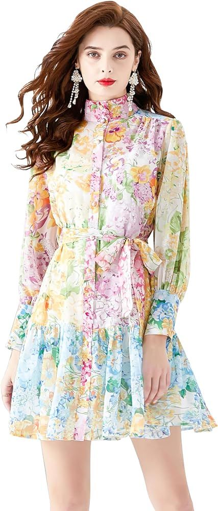 LAI MENG FIVE CATS Women's Summer Puff Sleeve V-Neck Floral Print Casual Swing Mini Dress(Suitabl... | Amazon (US)