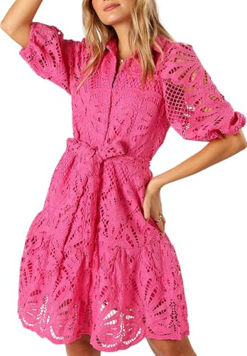 Women's Summer Hollow Out Lace Mini Dress Lantern Sleeve Lapel Button Ruffle Casual Beach Party D... | Amazon (US)