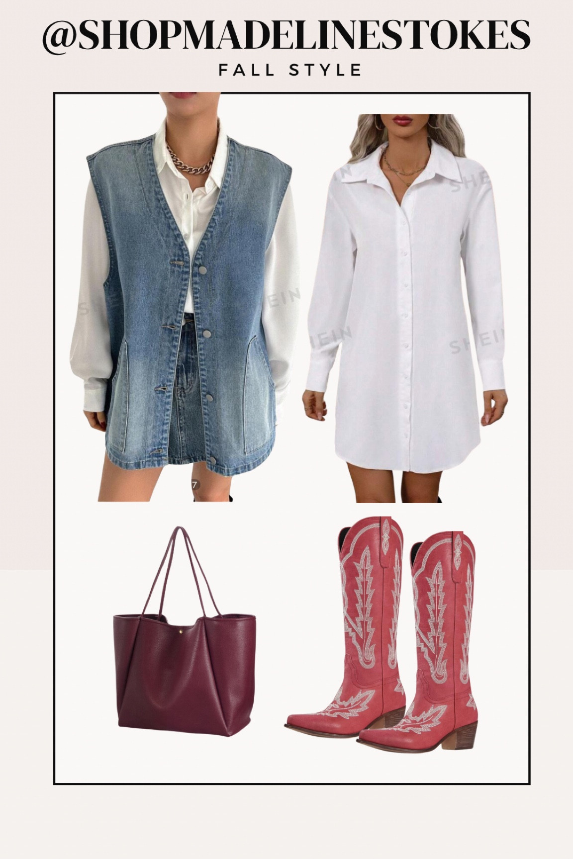 Transitional fall style with a western twist! Pops of reds are going to be trending this fall and I’m loving the red cowboy boots to elevate this simple look with the denim vest. Add in a burgundy bag and you’re ready for a day with the girls! 

#LTKStyleTip #LTKMidsize #LTKFindsUnder50